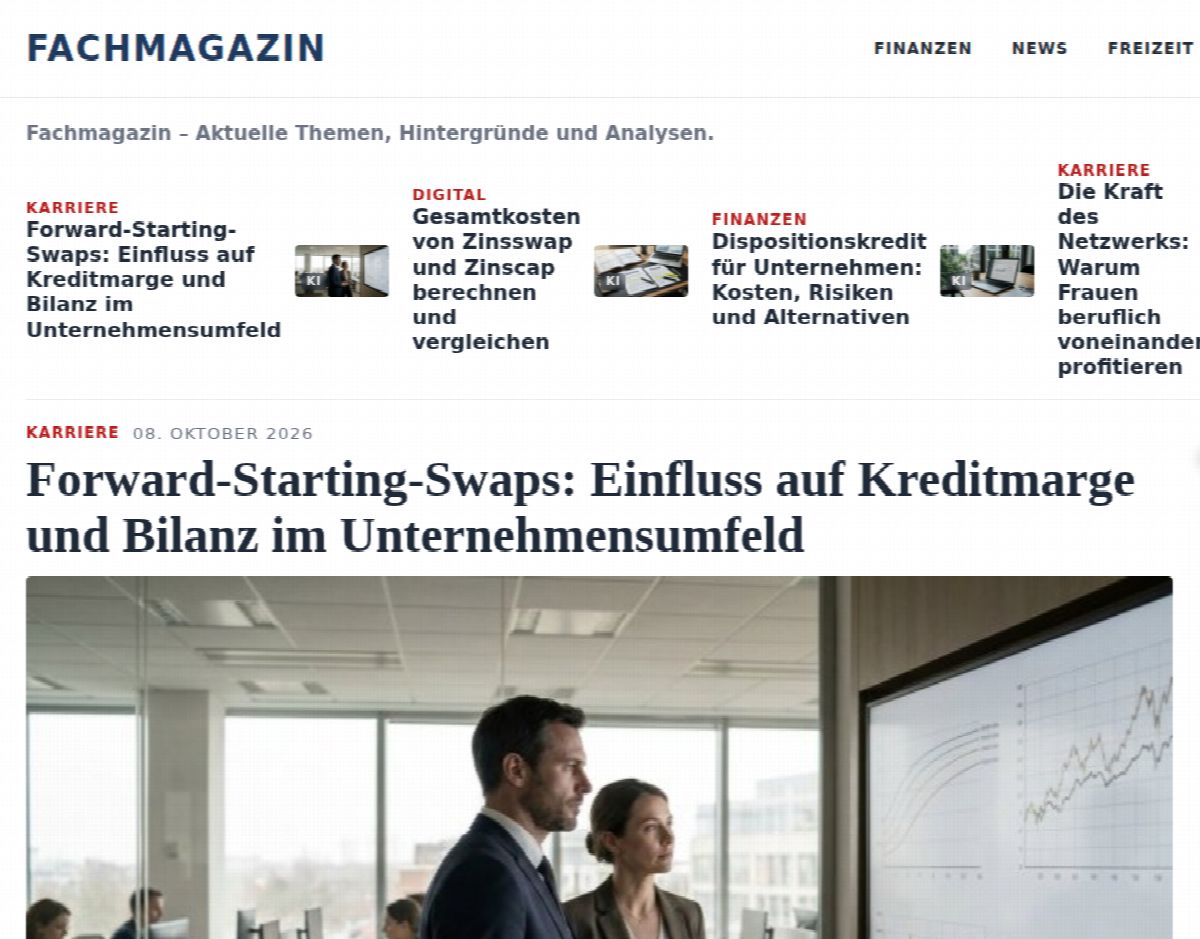 Startseite eines Online-Fachmediums mit Wirtschaftsbeiträgen und Rubriken (Logo und Name neutralisiert)